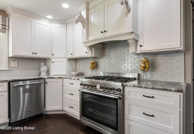 10020 Oak Grove Rd, Louisville, KY 40291 - kitchen with stainless steel appliances, dark wood-style floors, white cabinets, light stone countertops, and backsplash