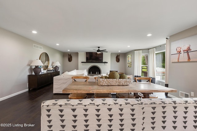 10020 Oak Grove Rd, Louisville, KY 40291 - living area with recessed lighting, a brick fireplace, dark wood finished floors, and a ceiling fan