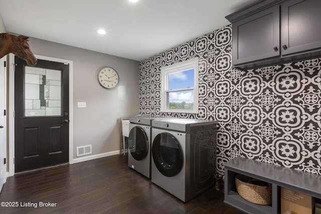 10020 Oak Grove Rd, Louisville, KY 40291 - laundry area featuring washing machine and clothes dryer, dark wood-style floors, cabinet space, and recessed lighting