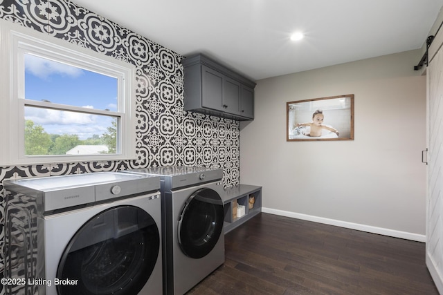10020 Oak Grove Rd, Louisville, KY 40291 - laundry area featuring separate washer and dryer, dark wood-type flooring, wallpapered walls, recessed lighting, and cabinet space