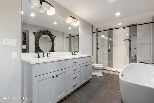 10020 Oak Grove Rd, Louisville, KY 40291 - full bath featuring a shower stall, a freestanding tub, double vanity, recessed lighting, and tile patterned floors