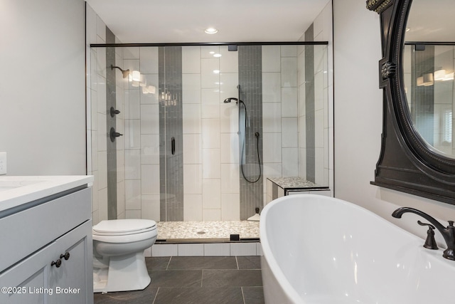 10020 Oak Grove Rd, Louisville, KY 40291 - full bath featuring a soaking tub, vanity, a stall shower, tile patterned floors, and recessed lighting