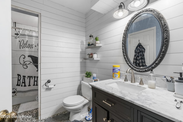 2625 Shumate Rd, Ekron, KY 40117 - full bathroom with vanity, wooden walls, and curtained shower