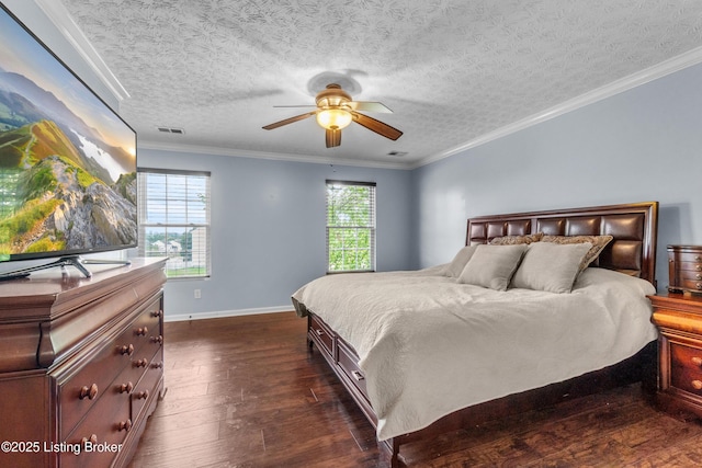 10008 Hornbeam Blvd, Louisville, KY 40228 - bedroom with multiple windows, dark wood finished floors, crown molding, a textured ceiling, and a ceiling fan