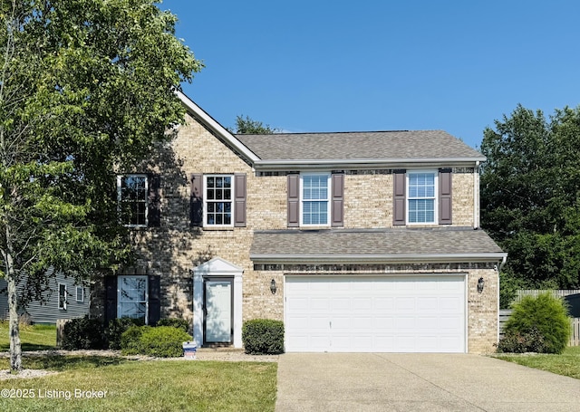 10008 Hornbeam Blvd, Louisville, KY 40228 - view of front facade with a garage, brick siding, driveway, a front yard, and a shingled roof