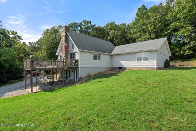 4333 Wax Rd, Clarkson, KY 42726 - rear view of property featuring a wooden deck, a chimney, a yard, a patio, and roof with shingles