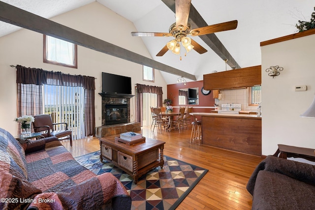 4333 Wax Rd, Clarkson, KY 42726 - living area featuring a ceiling fan, high vaulted ceiling, light wood-type flooring, and beamed ceiling