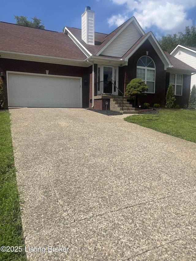 9403 Alex Ct, Louisville, KY 40299 - ranch-style house with driveway, a garage, a chimney, brick siding, and roof with shingles