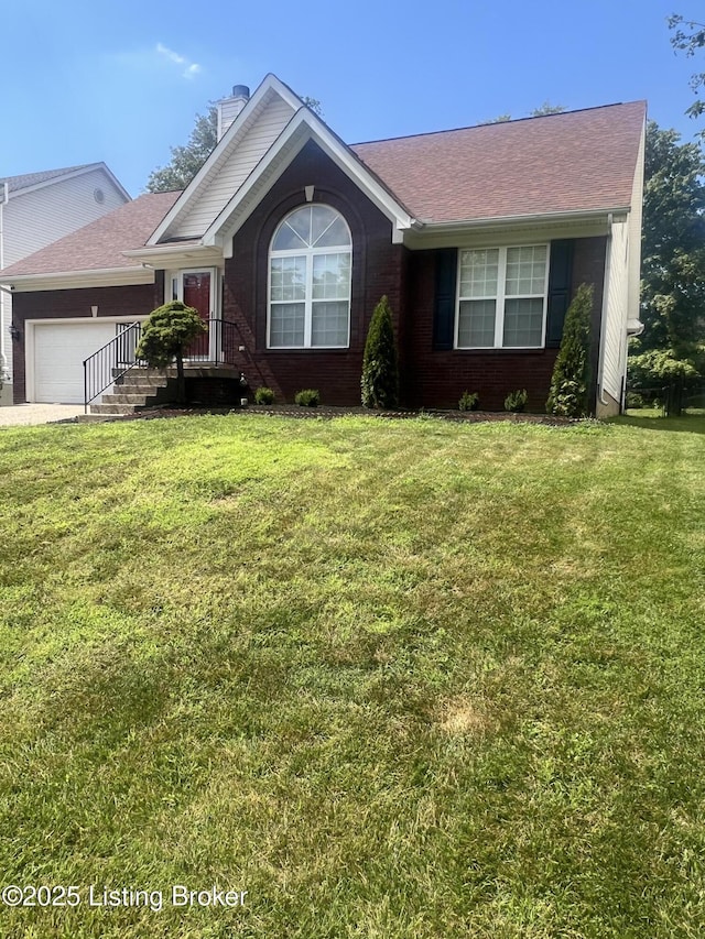 9403 Alex Ct, Louisville, KY 40299 - ranch-style home featuring an attached garage, a front lawn, a chimney, and brick siding