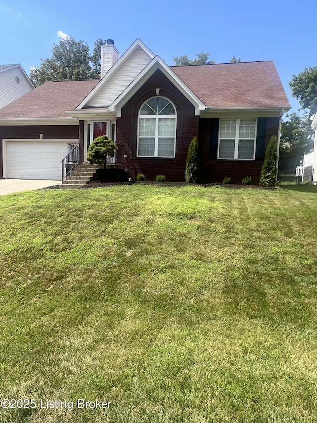 9403 Alex Ct, Louisville, KY 40299 - ranch-style house featuring a garage, a chimney, a front yard, and brick siding