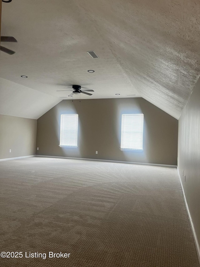 9403 Alex Ct, Louisville, KY 40299 - bonus room featuring a ceiling fan, lofted ceiling, carpet floors, and a textured ceiling