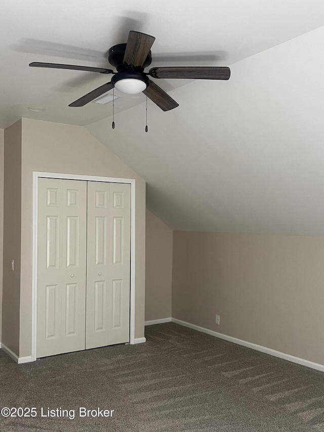 9403 Alex Ct, Louisville, KY 40299 - bonus room featuring vaulted ceiling, dark carpet, and ceiling fan