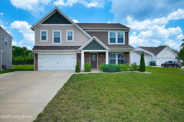 124 Shadow Rock Ct, Shepherdsville, KY 40165 - craftsman-style home with brick siding, a garage, concrete driveway, and board and batten siding