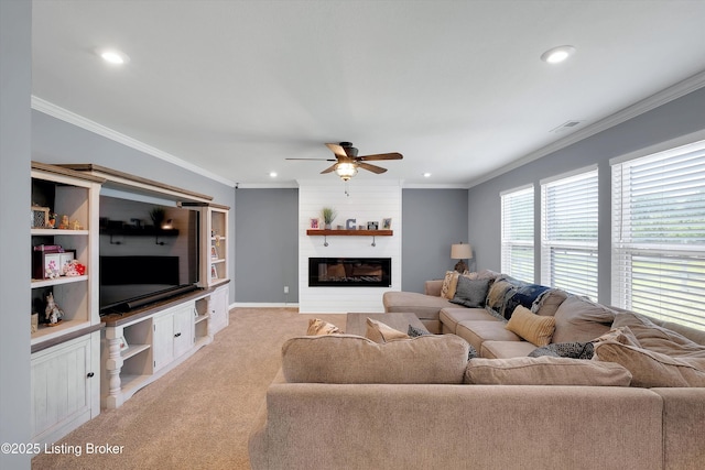124 Shadow Rock Ct, Shepherdsville, KY 40165 - living room with light carpet, recessed lighting, ceiling fan, a large fireplace, and ornamental molding