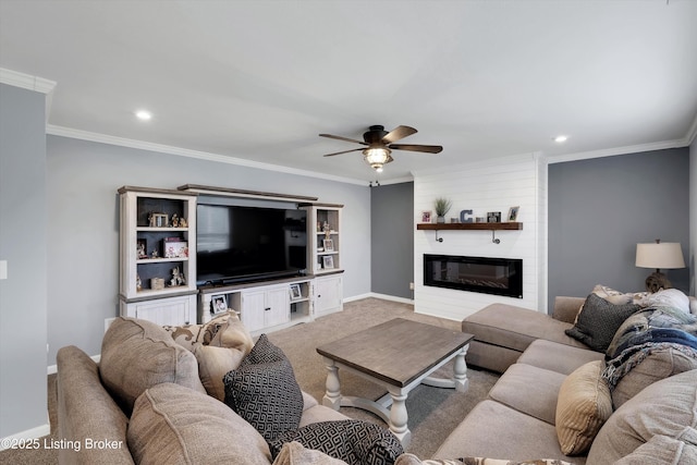124 Shadow Rock Ct, Shepherdsville, KY 40165 - carpeted living room with a ceiling fan, a fireplace, recessed lighting, and ornamental molding