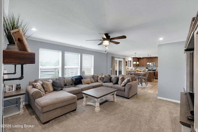 124 Shadow Rock Ct, Shepherdsville, KY 40165 - living area with a ceiling fan, light carpet, recessed lighting, and ornamental molding