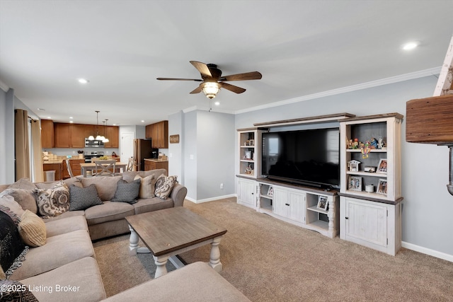 124 Shadow Rock Ct, Shepherdsville, KY 40165 - living room with recessed lighting, a ceiling fan, light carpet, and crown molding