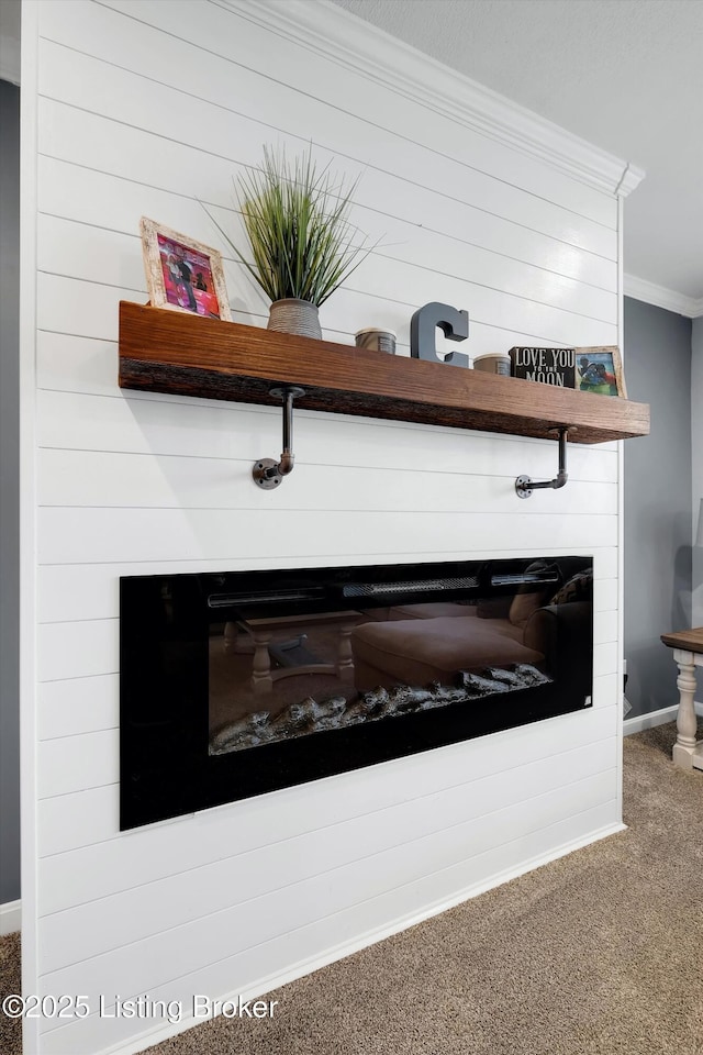 124 Shadow Rock Ct, Shepherdsville, KY 40165 - detailed view of ornamental molding, carpet, and a fireplace