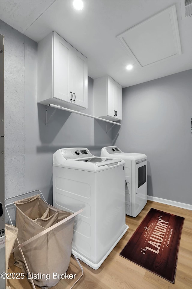 124 Shadow Rock Ct, Shepherdsville, KY 40165 - laundry room with washer and dryer, cabinet space, light wood-type flooring, recessed lighting, and attic access