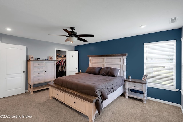 124 Shadow Rock Ct, Shepherdsville, KY 40165 - bedroom with light carpet, a walk in closet, ceiling fan, a closet, and recessed lighting