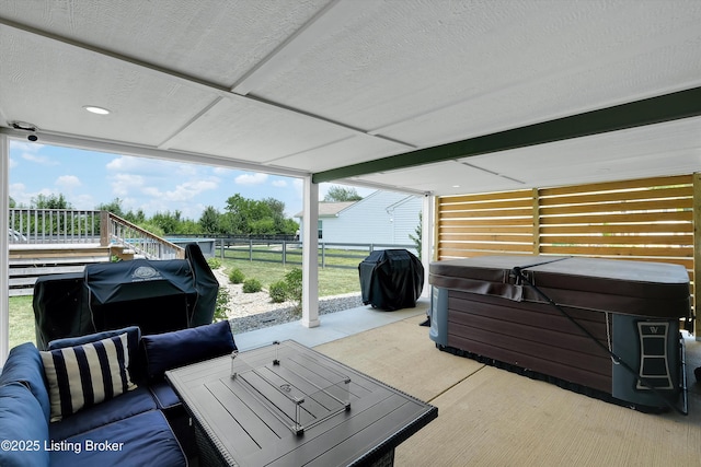 124 Shadow Rock Ct, Shepherdsville, KY 40165 - view of patio / terrace with a hot tub, a grill, and stairway