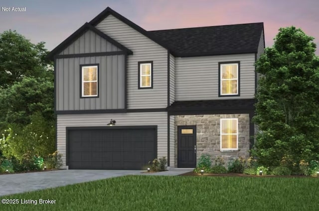 16809 Aiken Ridge Cir, Louisville, KY 40245 - view of front of property featuring board and batten siding, an attached garage, concrete driveway, stone siding, and a yard