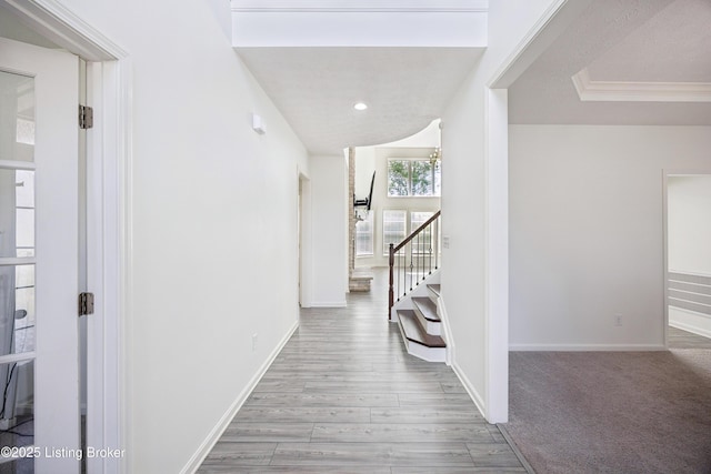 14433 Halden Ridge Way, Louisville, KY 40245 - corridor with stairway, wood finished floors, and recessed lighting