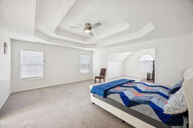 14433 Halden Ridge Way, Louisville, KY 40245 - bedroom featuring carpet flooring, multiple windows, a tray ceiling, a ceiling fan, and crown molding
