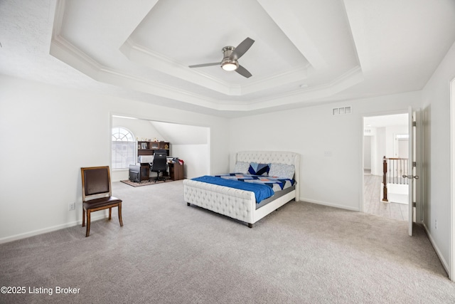 14433 Halden Ridge Way, Louisville, KY 40245 - carpeted bedroom featuring a tray ceiling, ornamental molding, a ceiling fan, and a desk