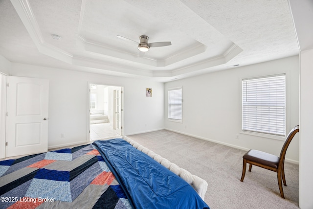 14433 Halden Ridge Way, Louisville, KY 40245 - carpeted bedroom featuring a raised ceiling, ornamental molding, connected bathroom, a textured ceiling, and a ceiling fan