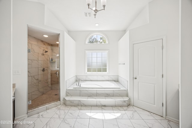 14433 Halden Ridge Way, Louisville, KY 40245 - full bathroom featuring marble look tile flooring, a bath, a shower stall, and recessed lighting