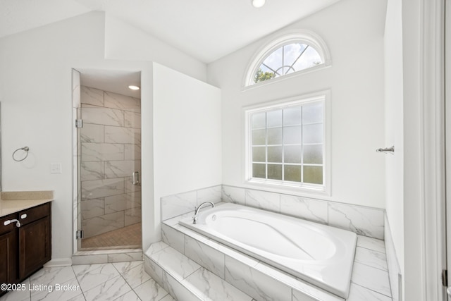 14433 Halden Ridge Way, Louisville, KY 40245 - bathroom featuring marble finish flooring, a bath, vanity, a stall shower, and recessed lighting