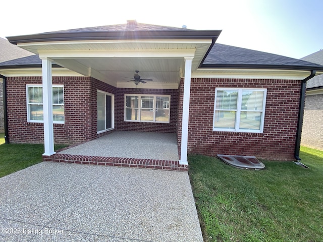 7508 Pavilion Park Rd, Louisville, KY 40214 - back of house with a ceiling fan, a shingled roof, a patio area, and brick siding