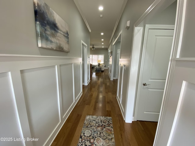 7508 Pavilion Park Rd, Louisville, KY 40214 - hallway featuring crown molding, dark wood-style floors, and recessed lighting