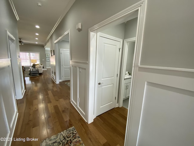 7508 Pavilion Park Rd, Louisville, KY 40214 - corridor with crown molding, dark wood finished floors, and recessed lighting