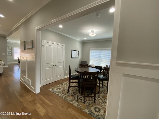 7508 Pavilion Park Rd, Louisville, KY 40214 - dining area featuring crown molding, dark wood-style flooring, and recessed lighting
