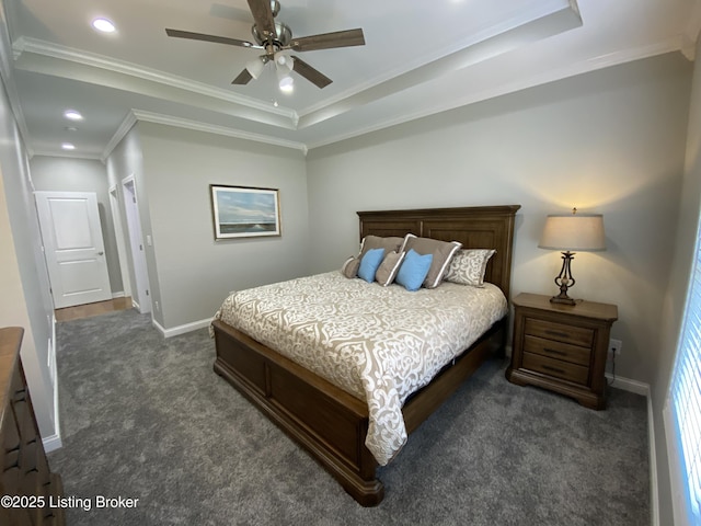 7508 Pavilion Park Rd, Louisville, KY 40214 - bedroom with dark carpet, a tray ceiling, crown molding, recessed lighting, and ceiling fan