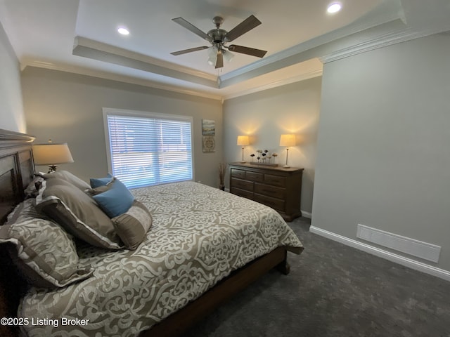 7508 Pavilion Park Rd, Louisville, KY 40214 - carpeted bedroom with a raised ceiling, crown molding, recessed lighting, and a ceiling fan