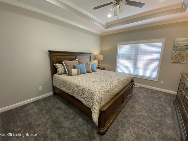 7508 Pavilion Park Rd, Louisville, KY 40214 - bedroom with a raised ceiling, dark carpet, crown molding, ceiling fan, and recessed lighting