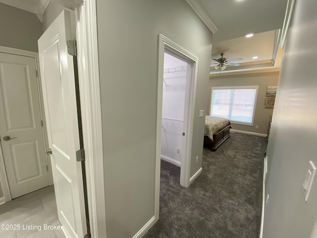 7508 Pavilion Park Rd, Louisville, KY 40214 - hall featuring crown molding, carpet floors, a tray ceiling, and recessed lighting