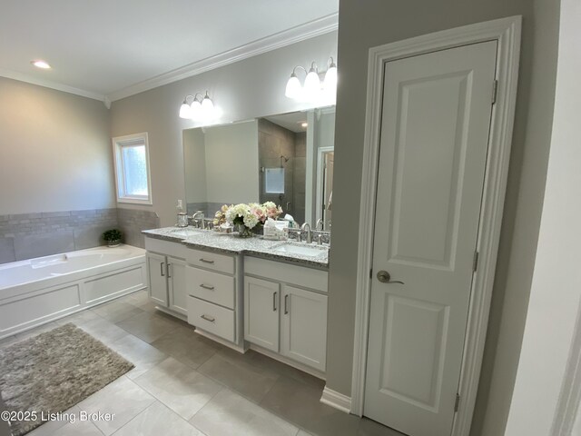 7508 Pavilion Park Rd, Louisville, KY 40214 - full bathroom featuring a stall shower, double vanity, crown molding, a bath, and tile patterned flooring