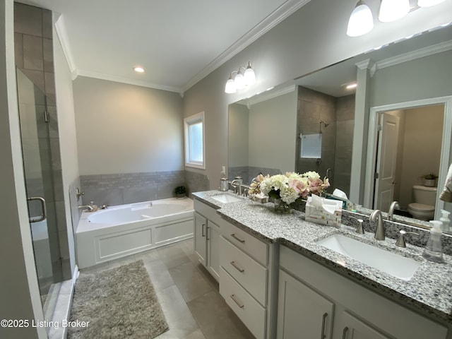 7508 Pavilion Park Rd, Louisville, KY 40214 - full bathroom featuring a stall shower, double vanity, crown molding, a bath, and tile patterned flooring