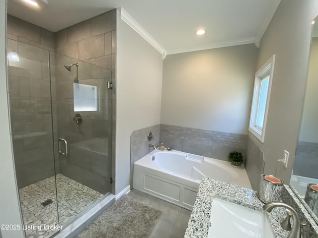 7508 Pavilion Park Rd, Louisville, KY 40214 - full bathroom featuring a bath, a stall shower, vanity, ornamental molding, and tile patterned floors
