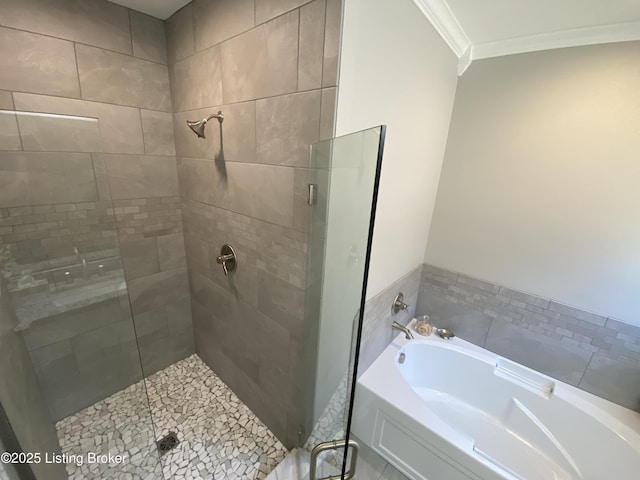 7508 Pavilion Park Rd, Louisville, KY 40214 - bathroom with a bath, crown molding, and a stall shower