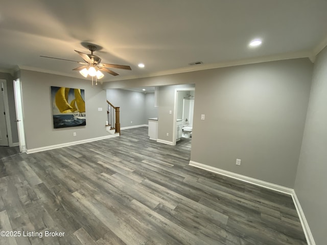 7508 Pavilion Park Rd, Louisville, KY 40214 - unfurnished living room with crown molding, stairs, recessed lighting, dark wood-style floors, and ceiling fan
