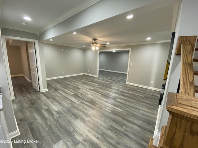 7508 Pavilion Park Rd, Louisville, KY 40214 - finished basement featuring ornamental molding, recessed lighting, dark wood-type flooring, a ceiling fan, and stairs