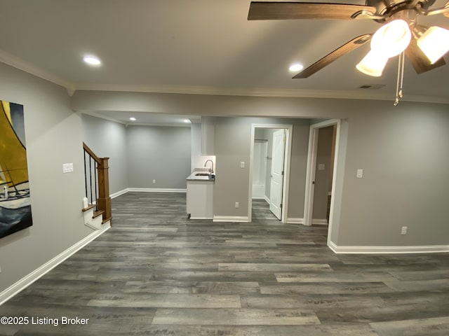 7508 Pavilion Park Rd, Louisville, KY 40214 - below grade area featuring crown molding, stairs, recessed lighting, dark wood-style flooring, and a ceiling fan