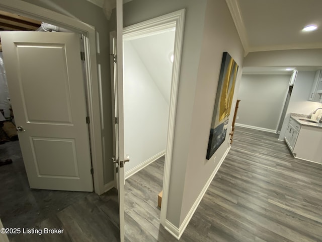 7508 Pavilion Park Rd, Louisville, KY 40214 - corridor featuring crown molding, dark wood finished floors, and recessed lighting