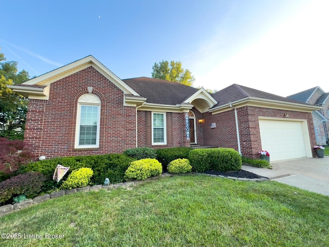 4212 Marseille Dr, Louisville, KY 40272 - ranch-style house with brick siding, an attached garage, a front lawn, concrete driveway, and a shingled roof