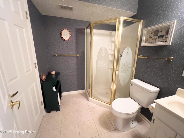 4212 Marseille Dr, Louisville, KY 40272 - full bath featuring wallpapered walls, vanity, a stall shower, and tile patterned flooring
